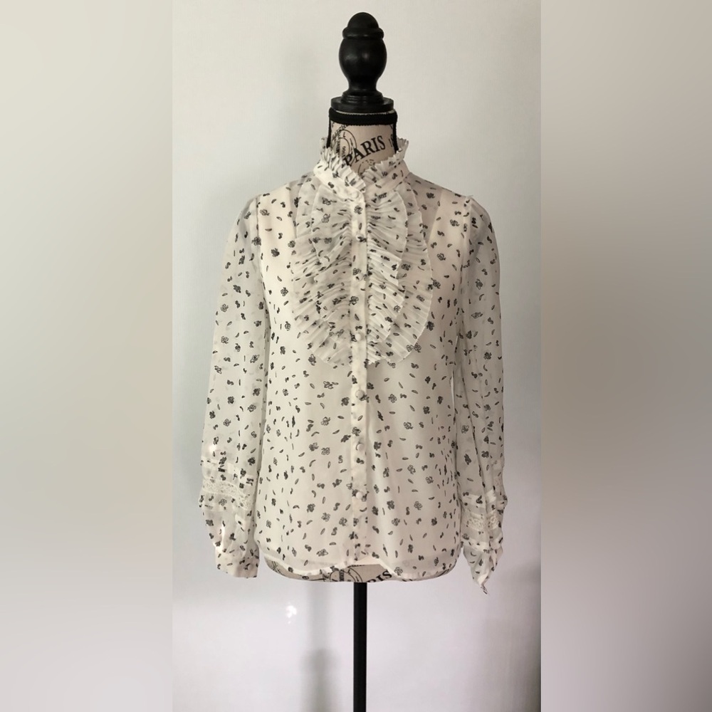 Zara Basic Blouse, white/black/gray sheer long sleeves Size XS